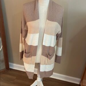 Chic Striped Women's Cardigan in Tan and Cream